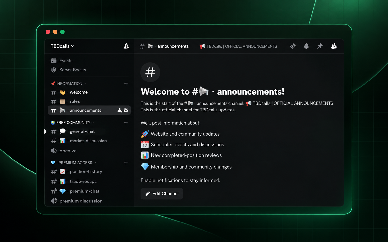 Screenshot of the announcements channel in the TBDcalls Discord